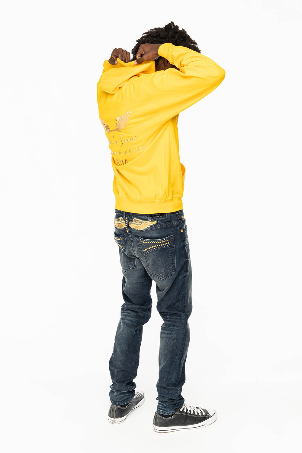 SKINNY MENS JEANS IN 4 D DARK BLUE WASH WITH BLUE SAPPHIRE CRYSTALS AND GOLD NAILHEAD - Image 6