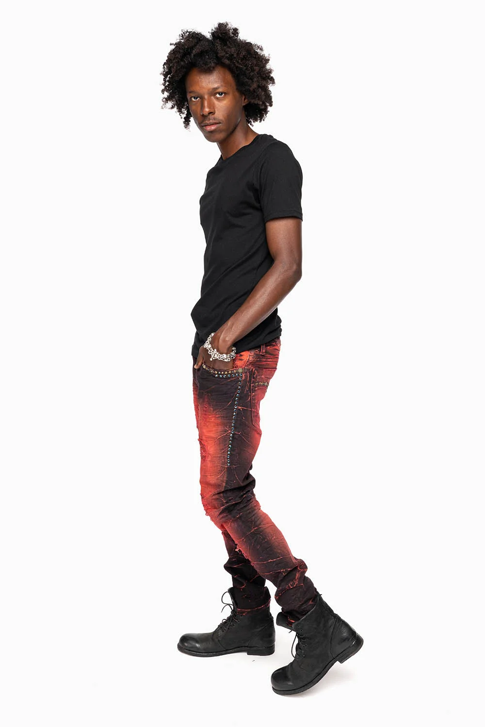 SKINNY MENS JEANS IN 4D DARK MALBEC BROKEN BACKING WASH WITH LARGE CRYSTALS & STUDS - Image 8