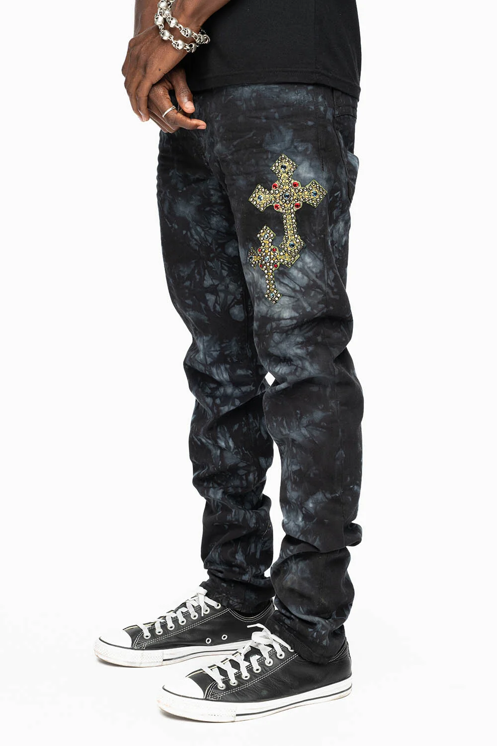 SKINNY MENS JEANS IN ASTRO BLACK WITH MEDIEVAL CROSS PATCHES EMBELLISHED WITH CRYSTALS - Image 4