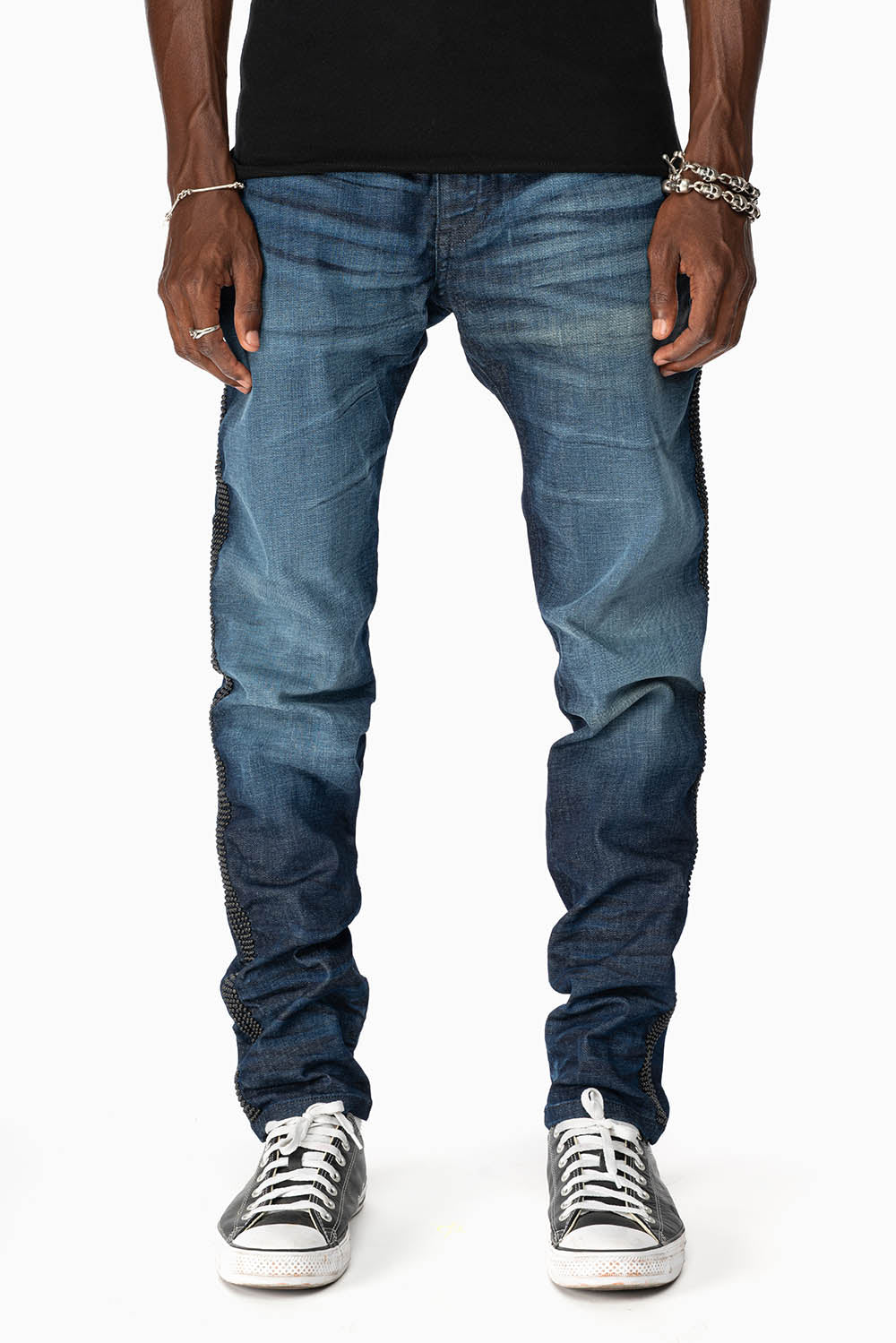 SKINNY MENS JEANS IN BLUE LIBERTY DARK WASH WITH SIDE SEAM STRIPE NAILHEADS - Image 3