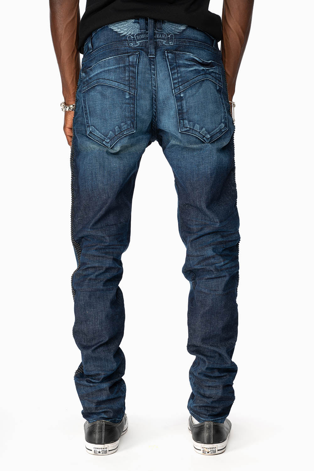 SKINNY MENS JEANS IN BLUE LIBERTY DARK WASH WITH SIDE SEAM STRIPE NAILHEADS - Image 4