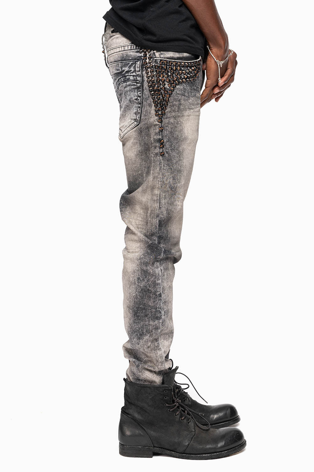 SKINNY MENS JEANS IN MICHAEL BLK WASH WITH SPIKES & CRYSTALS