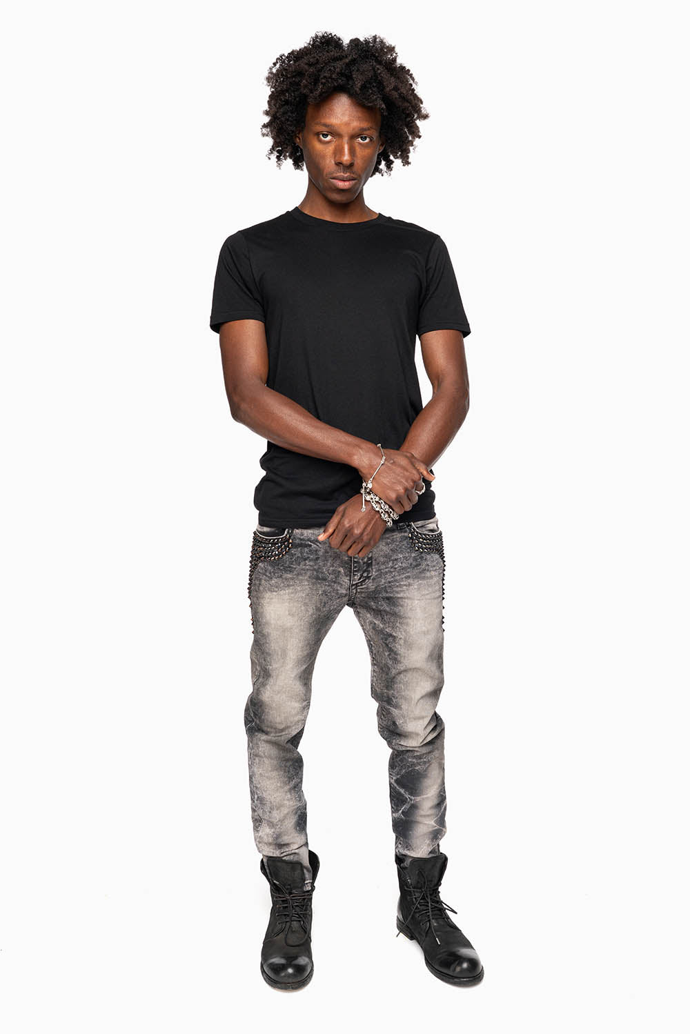 SKINNY MENS JEANS IN MICHAEL BLK WASH WITH SPIKES & CRYSTALS - Image 5