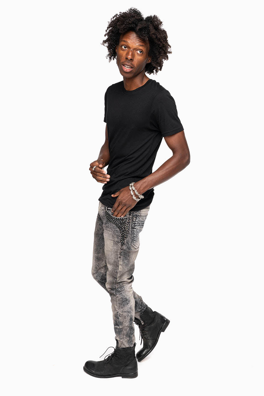 SKINNY MENS JEANS IN MICHAEL BLK WASH WITH SPIKES & CRYSTALS - Image 6