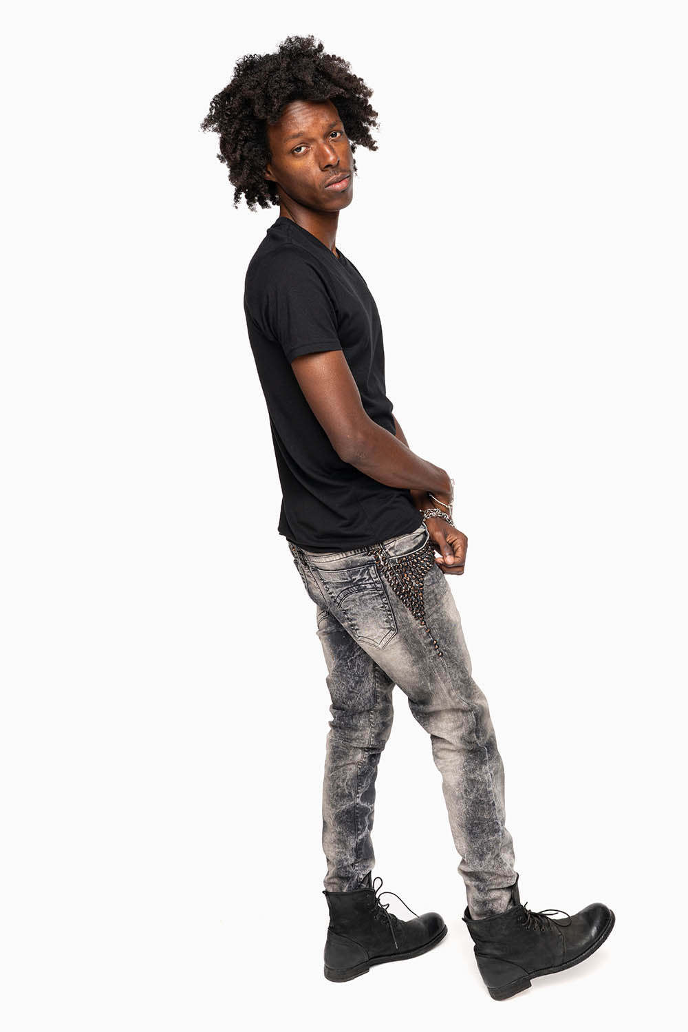 SKINNY MENS JEANS IN MICHAEL BLK WASH WITH SPIKES & CRYSTALS - Image 8