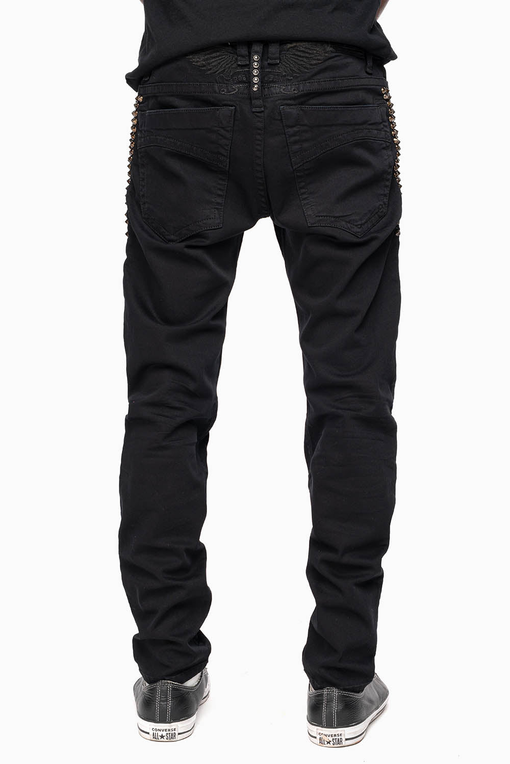 SKINNY MENS JEANS IN PURE BLK BROKEN BACKING WASH WITH SPIKE & CRYSTALS - Image 4