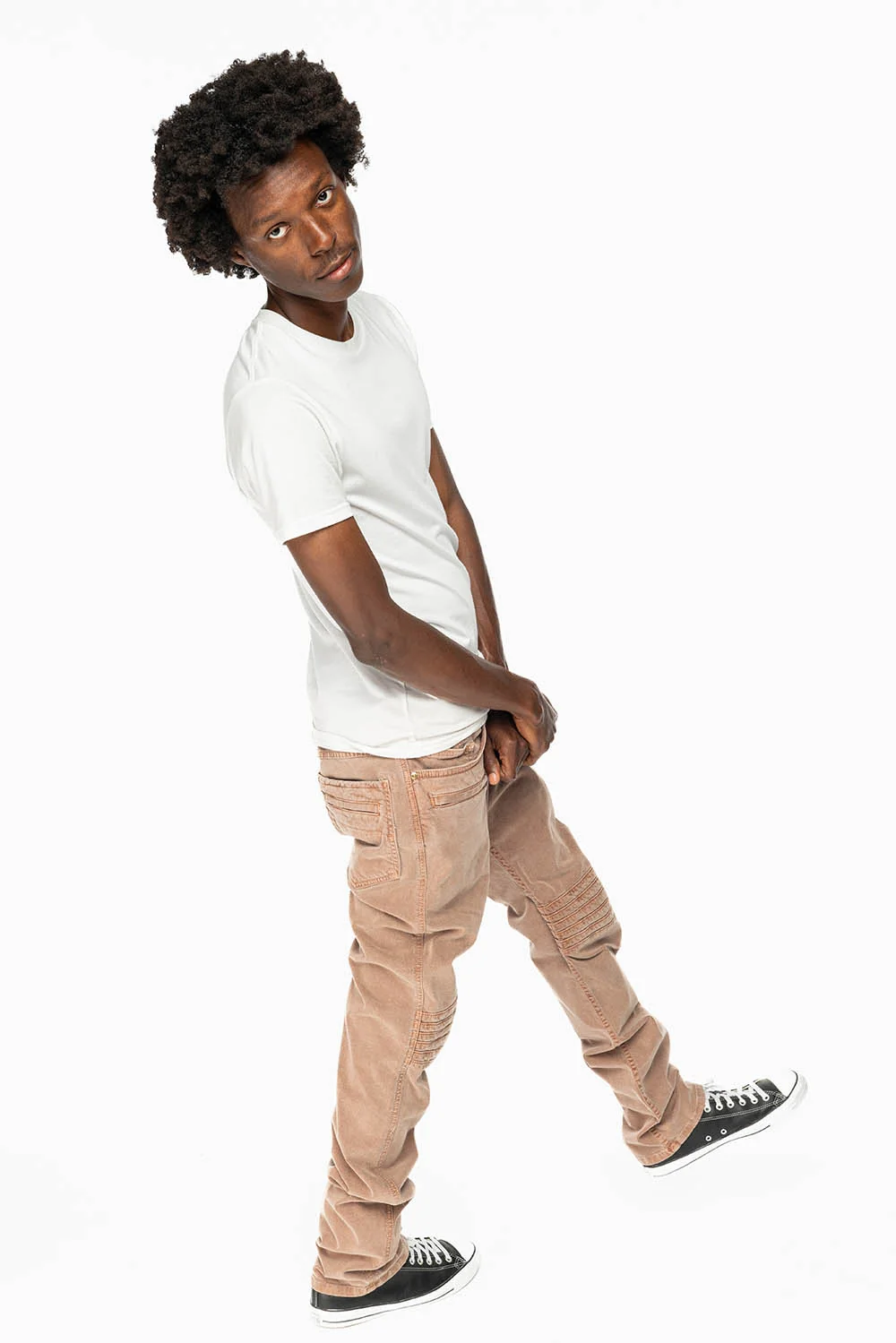 MENS MOTO BIKER JEANS IN KHAKI WASH - Image 5