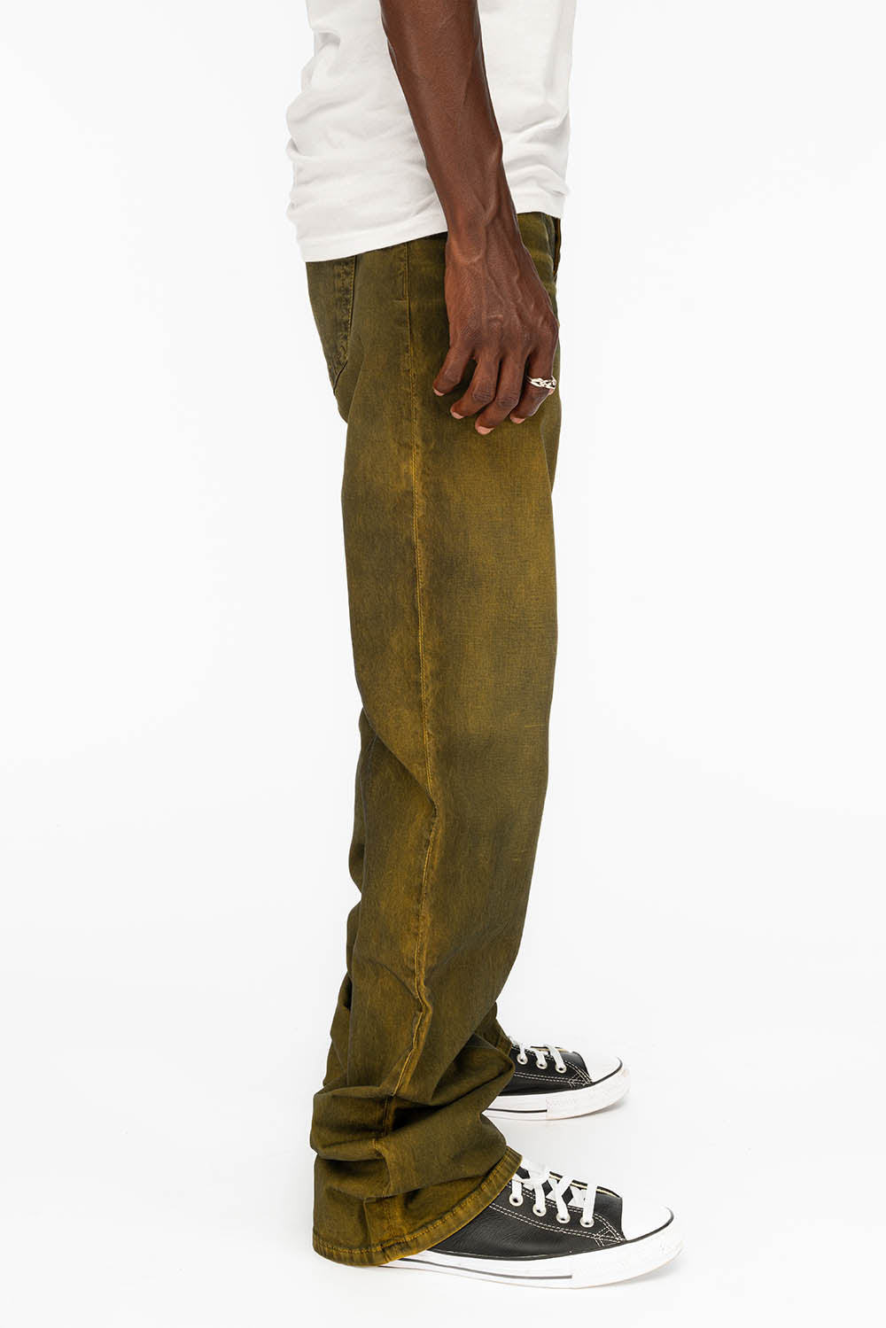 LONG FLAP MENS STRAIGHT JEANS WITH CRYSTALS IN DUSTY YELLOW - Image 4
