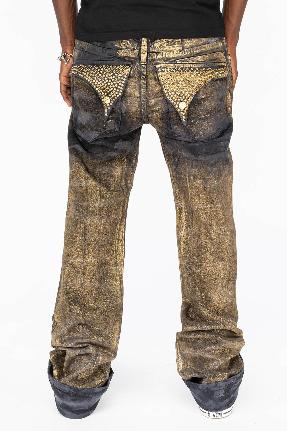 MENS LONG FLAP STRAIGHT CUT JEANS WITH SMOKY TOPAZ CRYSTALS IN AERO BLACK WASH - Image 4
