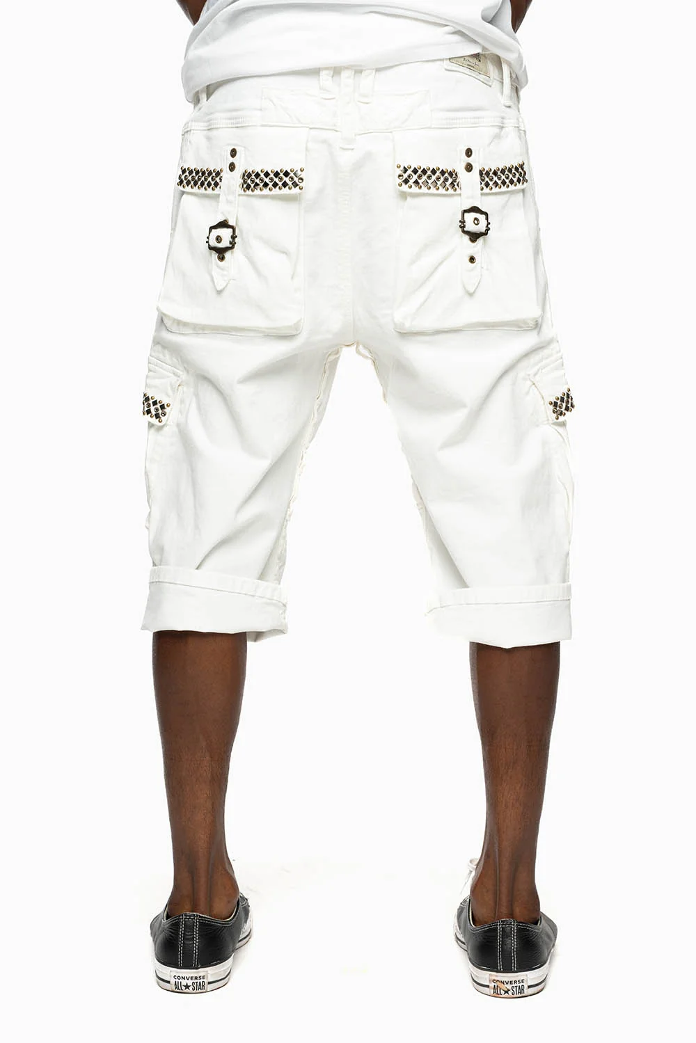 MENS MILITARY CARGO SHORTS IN WHITE WITH STUDS AND CRYSTALS - Image 7