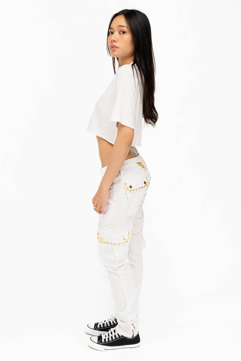 NEW MILITARY STYLE WOMENS SKINNY EMBELLISHED CARGO PANTS IN WHITE - Image 5