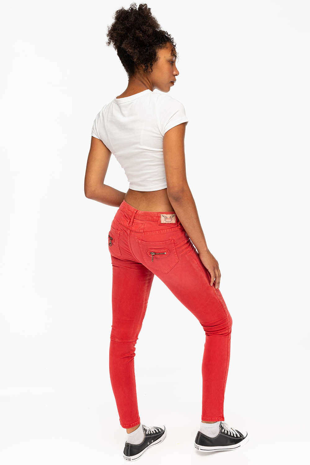 ROBIN'S WOMENS SKINNY BIKER JEANS MOTO IN SULFUR RED - Image 2