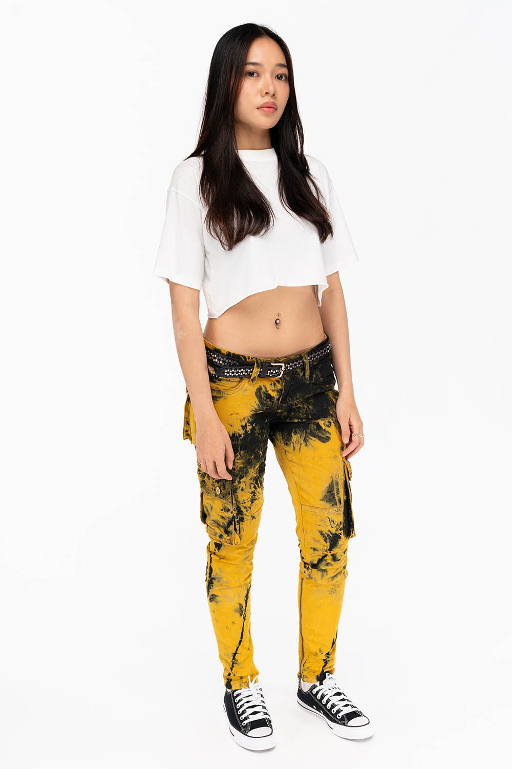 ZIPPER-MILITARY STYLE WOMENS CARGO PANTS IN TIE DYE YELLOW - Image 5