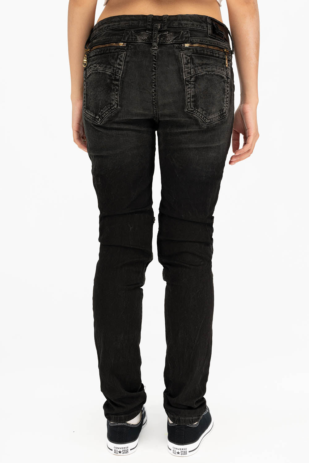 ROBIN'S WOMEN'S SKINNY UTILITARIAN JEANS IN LA BLACK WITH STUDS AND CRYSTALS - Image 3