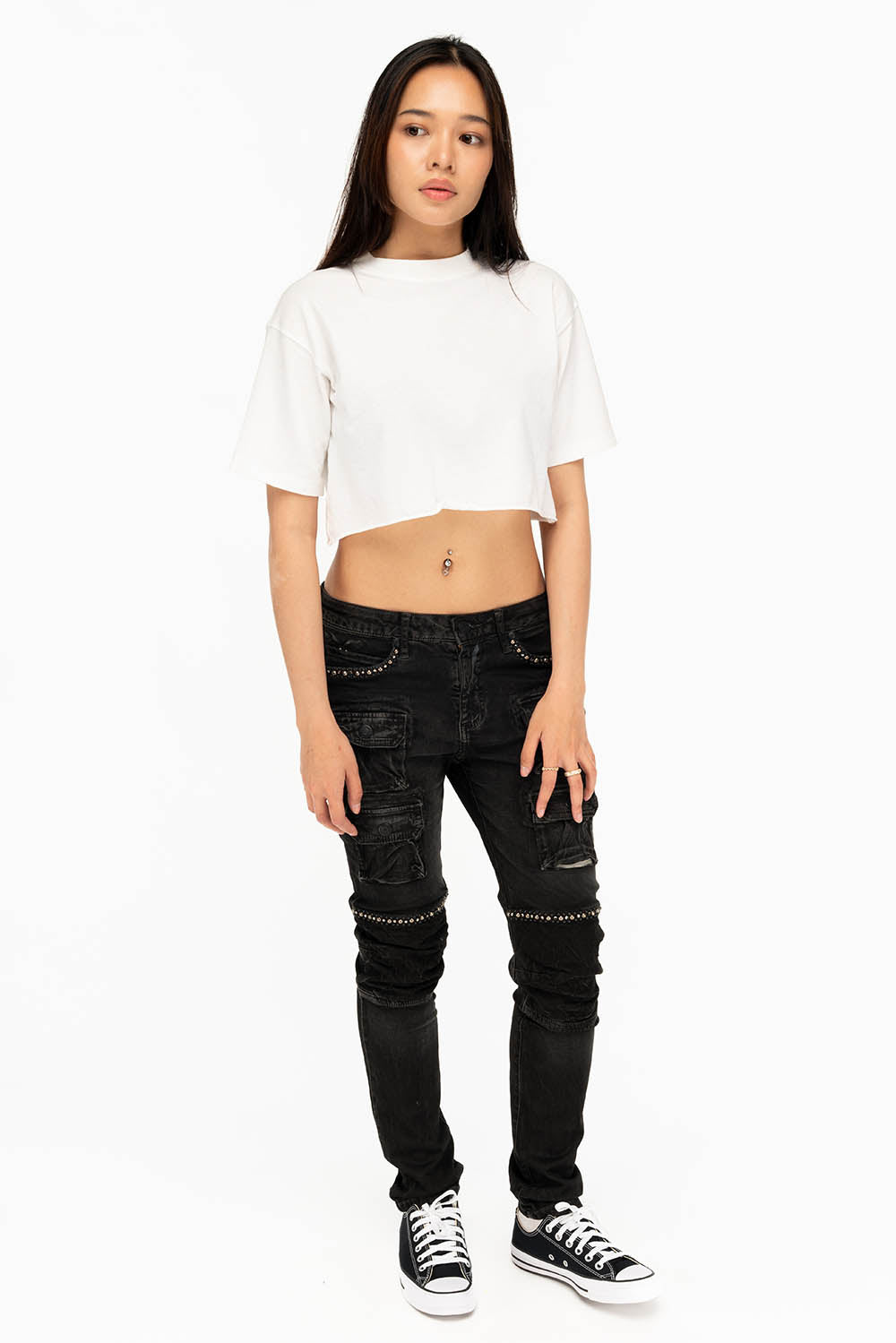 ROBIN'S WOMEN'S SKINNY UTILITARIAN JEANS IN LA BLACK WITH STUDS AND CRYSTALS - Image 5