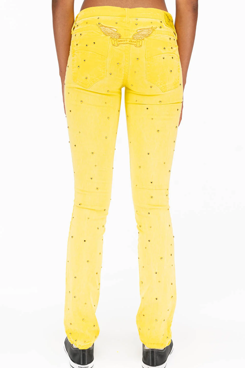 MARILYN LOW RISE WOMENS STUDDED STRAIIGHT LEG JEANS IN OIL YELLOW WITH TONAL WINGS AND CRYSTALS - Image 3