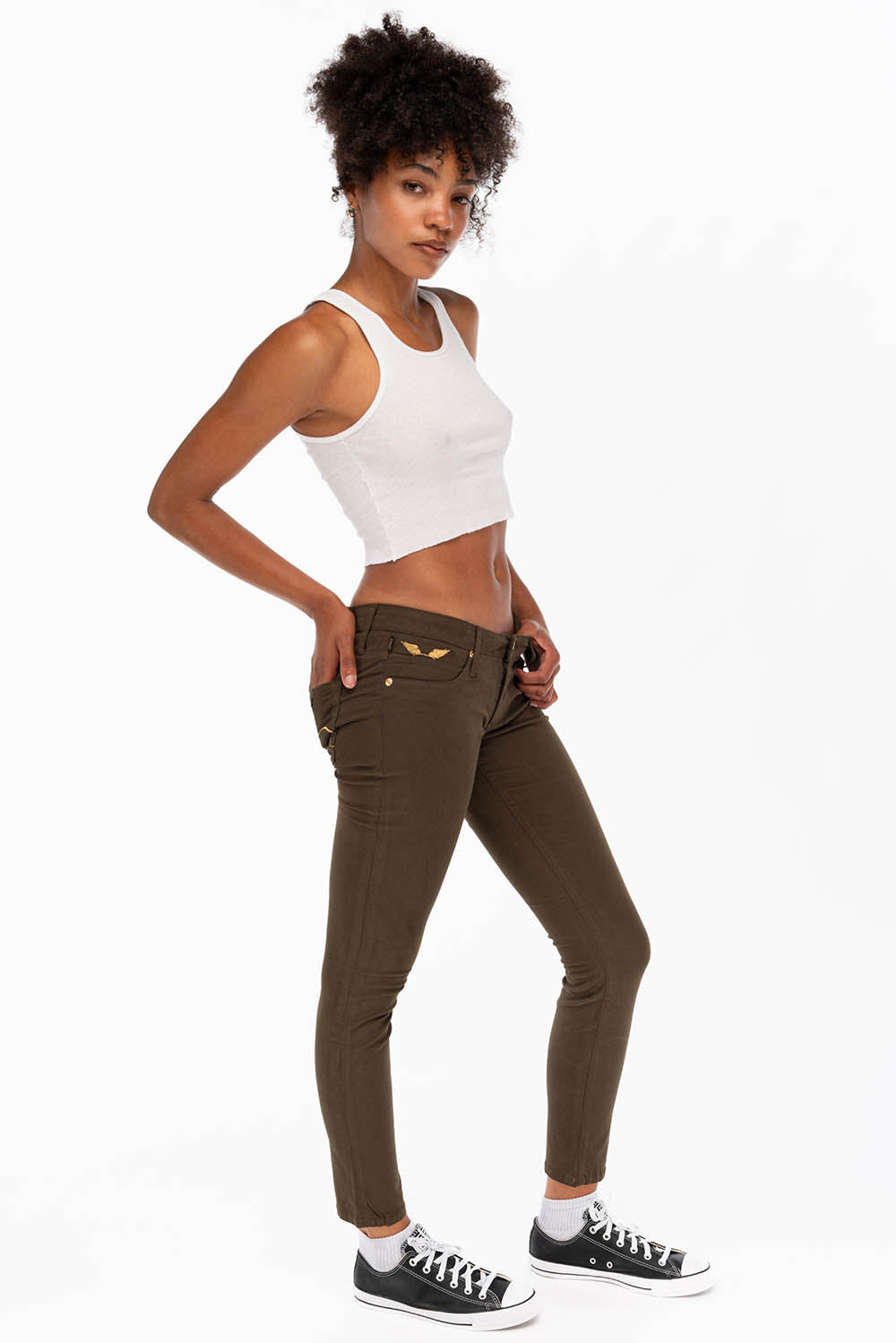 WOMENS SKINNY JEANS IN DARK GREEN WITH GOLD EMBROIDERY AND LOGO - Image 2
