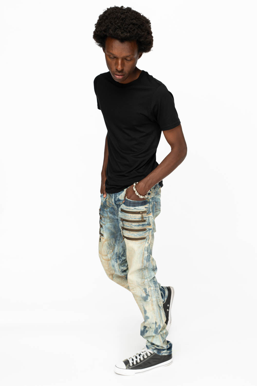 MENS MOTORCYCLE ZIPPERS SLIM JEANS IN JOSEPH INDIGO WASH - Image 4