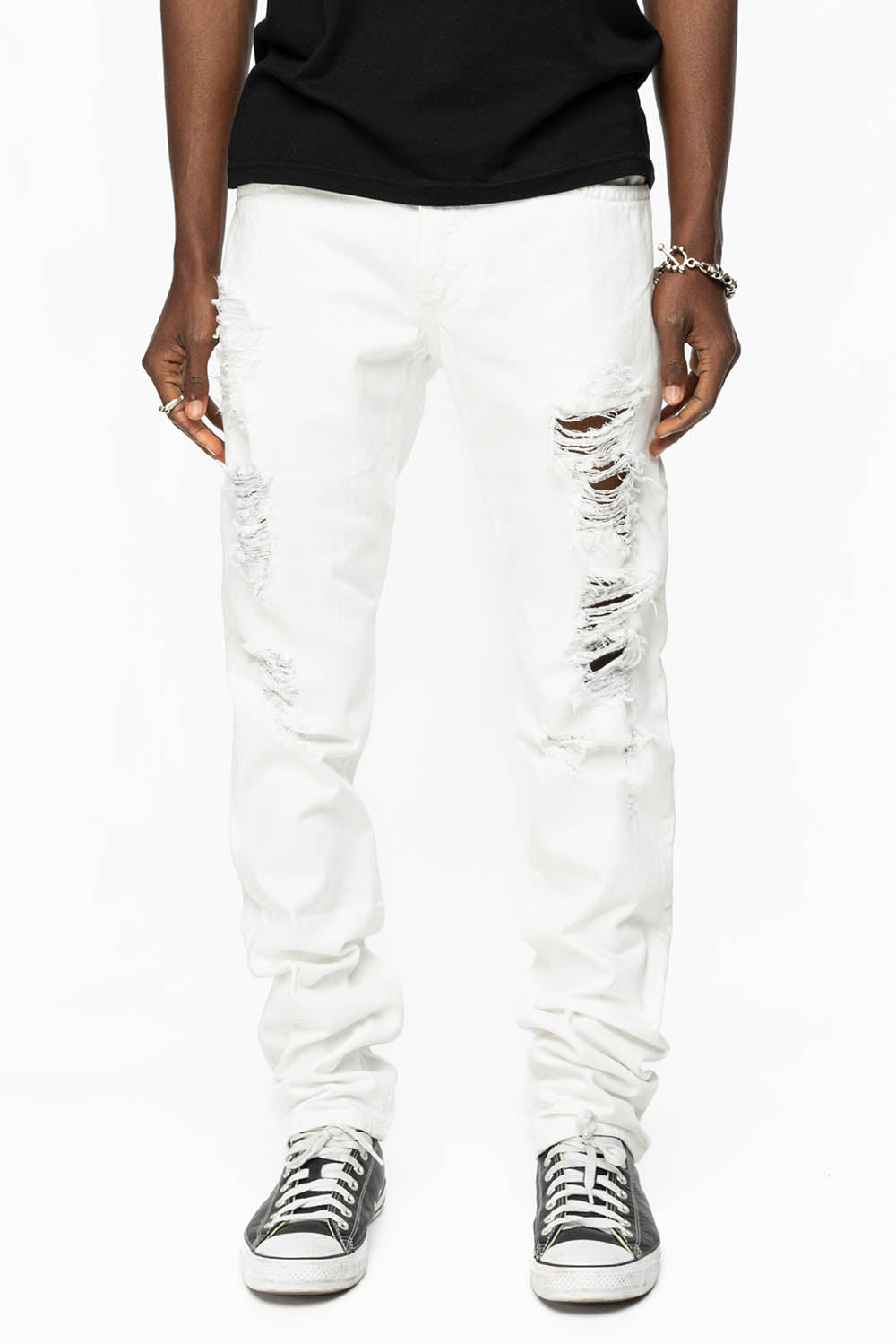 MENS CLASSIC 5 POCKET SLIM LEG JEANS IN WHITE BROKEN