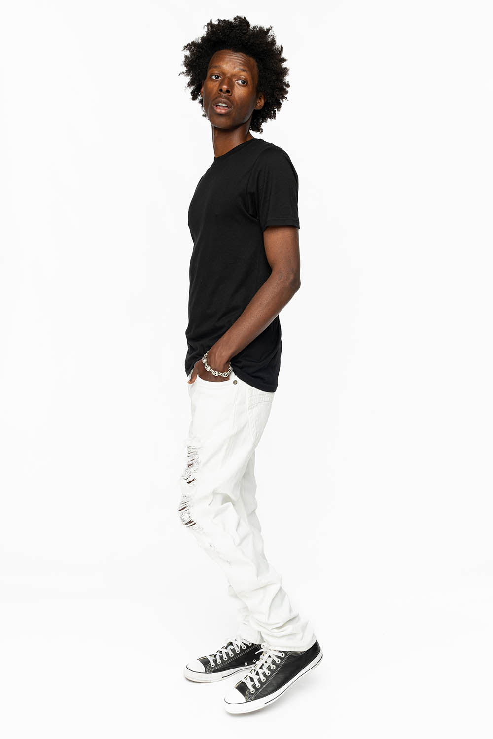 MENS CLASSIC 5 POCKET SLIM LEG JEANS IN WHITE BROKEN - Image 5