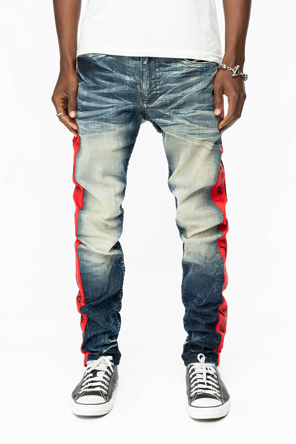 SKINNY MENS 5D DARK BLUE WASH DENIM WITH LOGO TRACK STRIPE - Image 2