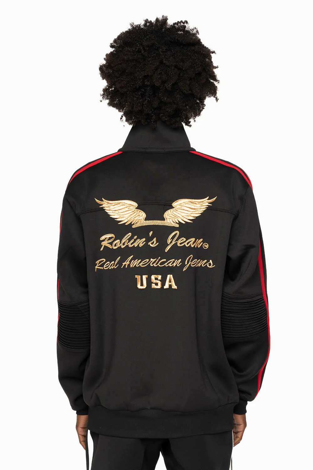 TRACK JACKET IN BLACK WITH RED STRIPE AND GOLD ROBIN’S LOGO EMBROIDERY - Image 5