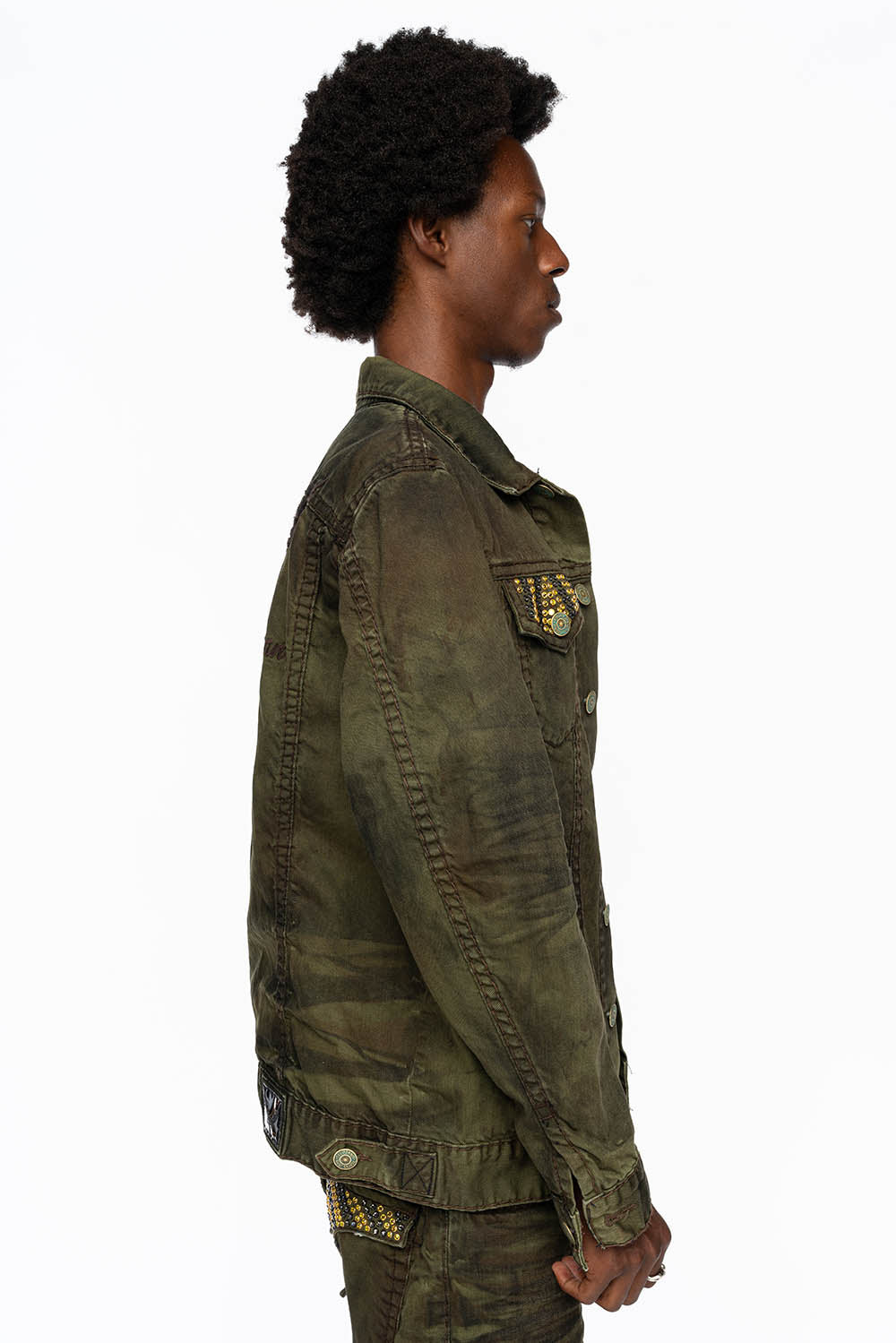 VINTAGE FASHION GREEN JEAN JKT WITH BROWN CONTRAST STICH WITH CRYSTALS - Image 5