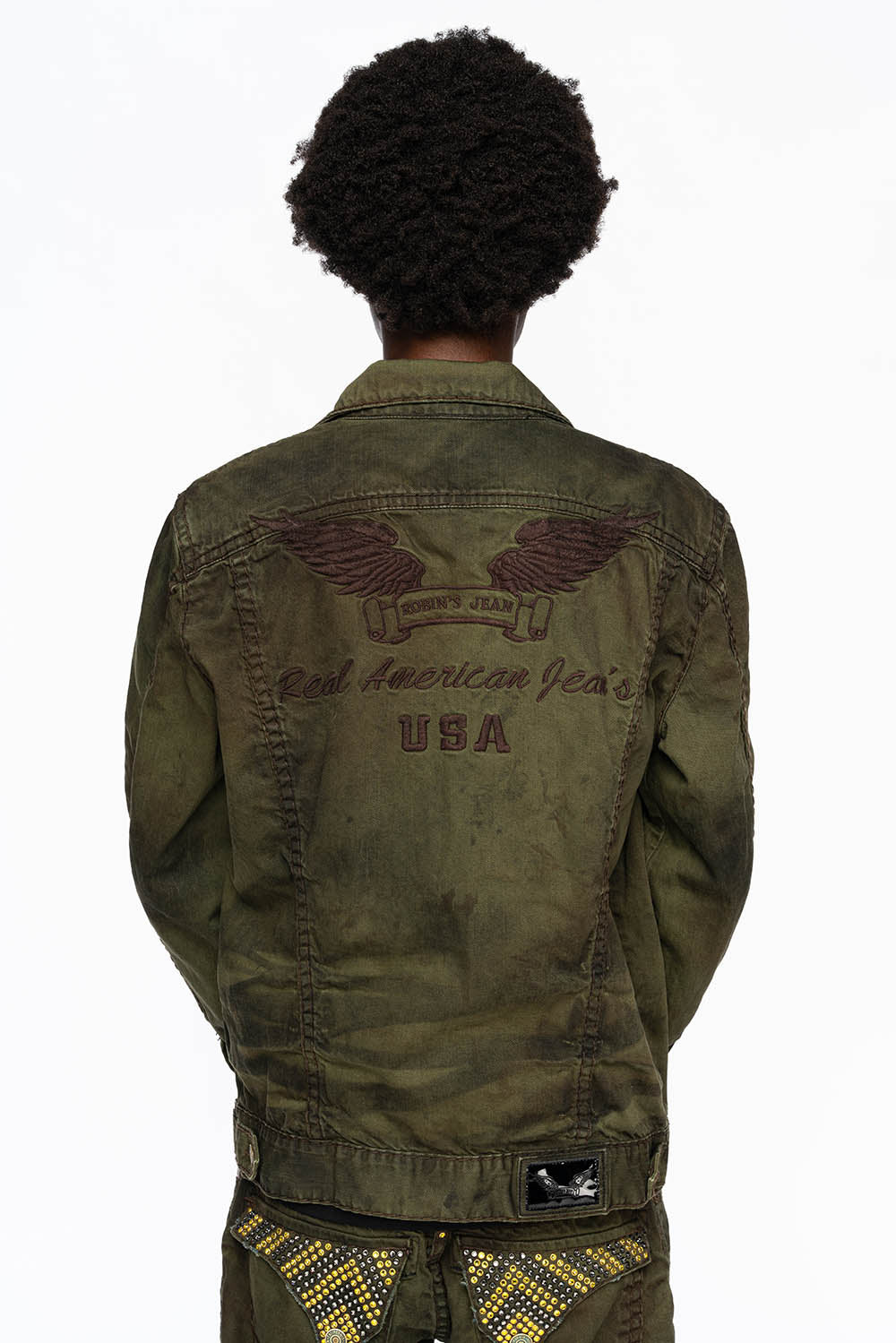 VINTAGE FASHION GREEN JEAN JKT WITH BROWN CONTRAST STICH WITH CRYSTALS - Image 6