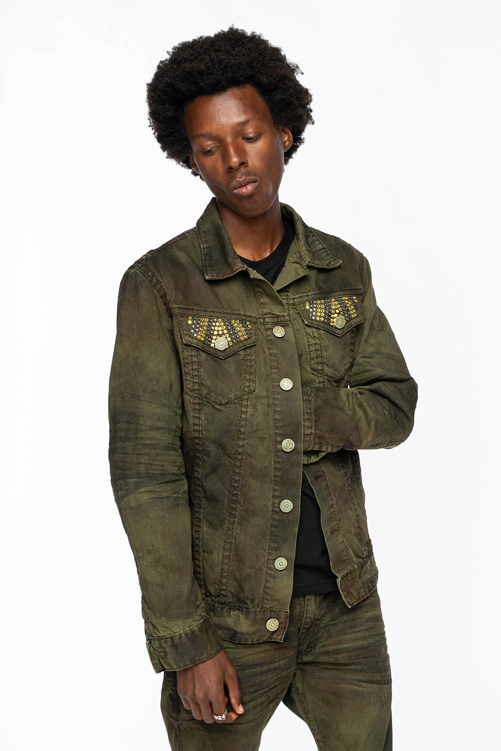 VINTAGE FASHION GREEN JEAN JKT WITH BROWN CONTRAST STICH WITH CRYSTALS - Image 9