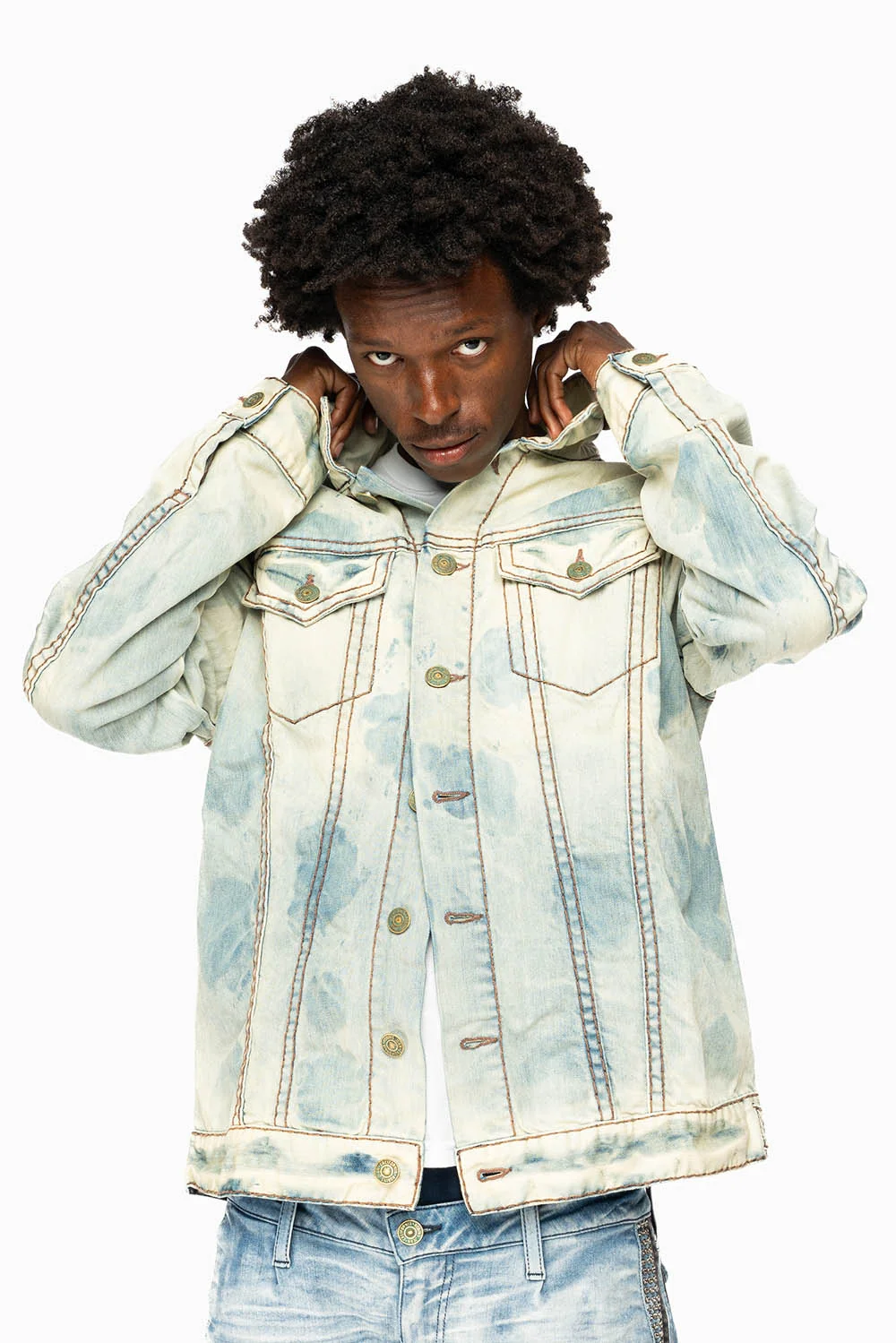 VINTAGE LIGHT BLUE JACKET WITH BROWN HEAVY STITCHING - Image 5