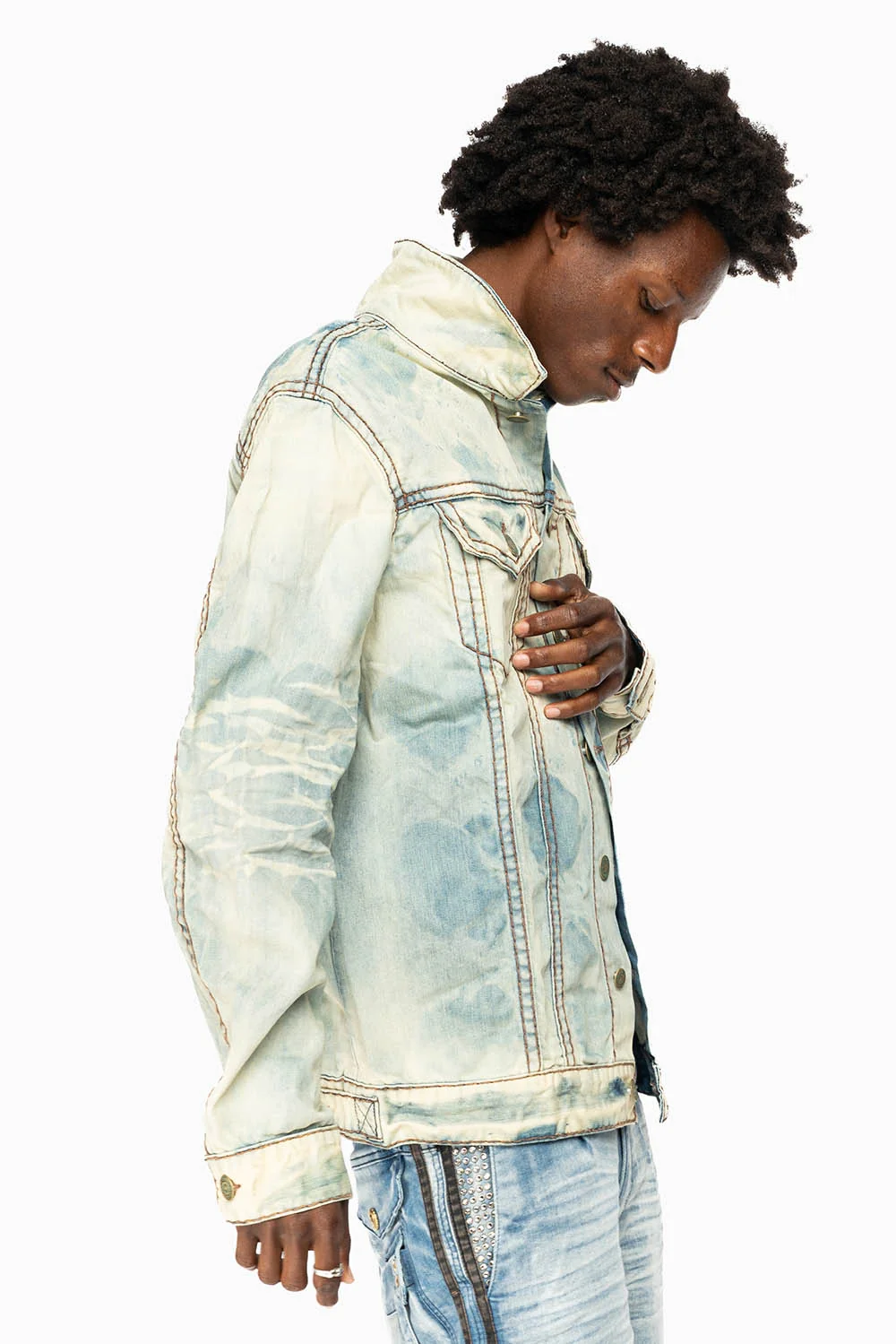 VINTAGE LIGHT BLUE JACKET WITH BROWN HEAVY STITCHING - Image 6
