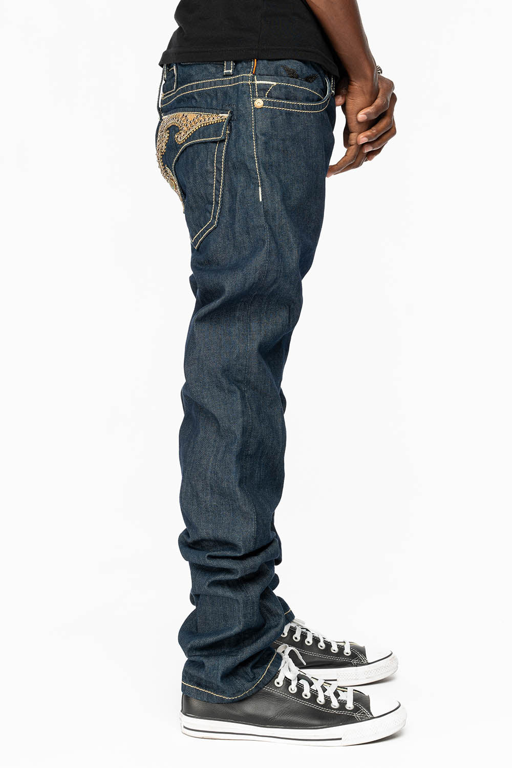 WESTERN RODEO DESIGN LEATHER FLAPS JEAN WITH EMBELLISHMENTS IN RINSE WASH - Image 3