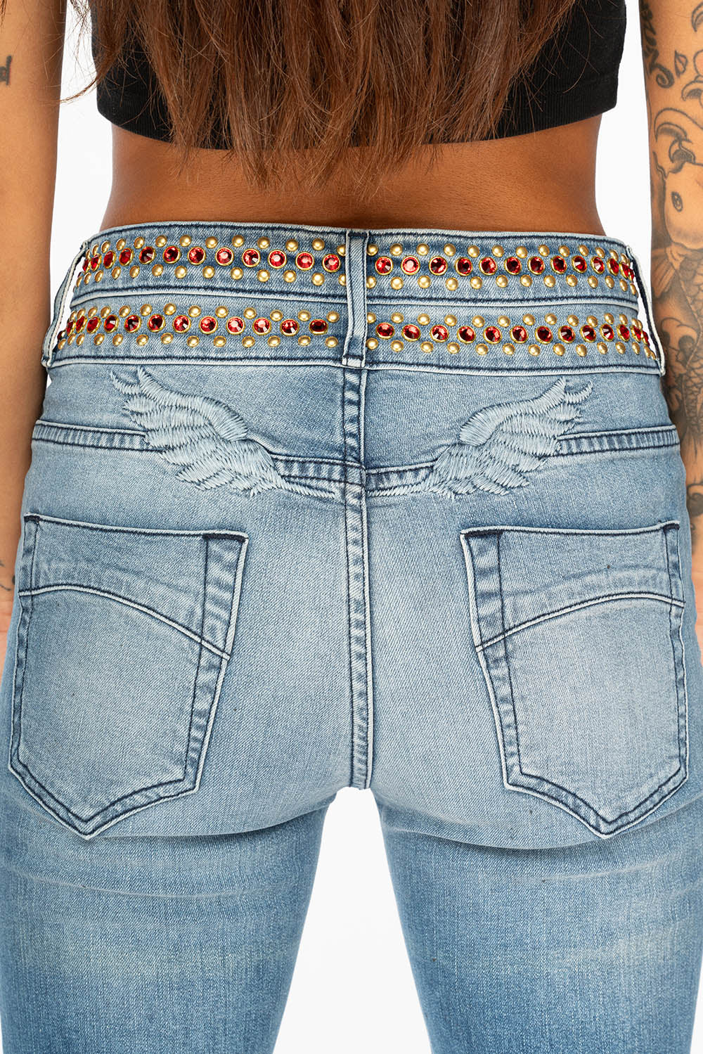 WOMENS DOUBLE WAISTBAND HIGH RISE FLAIR JEANS IN MEDIUM ANTIQUE WASH WITH RED CRYSTALS & GOLD NAILHEADS - Image 9