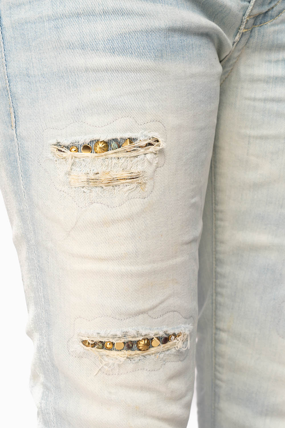 WOMENS RIPPED SKINNY CAPRI PANTS IN NICOLE LIGHT BROKEN REPAIRED WASH WITH STUDS AND CRYSTALS - Image 2