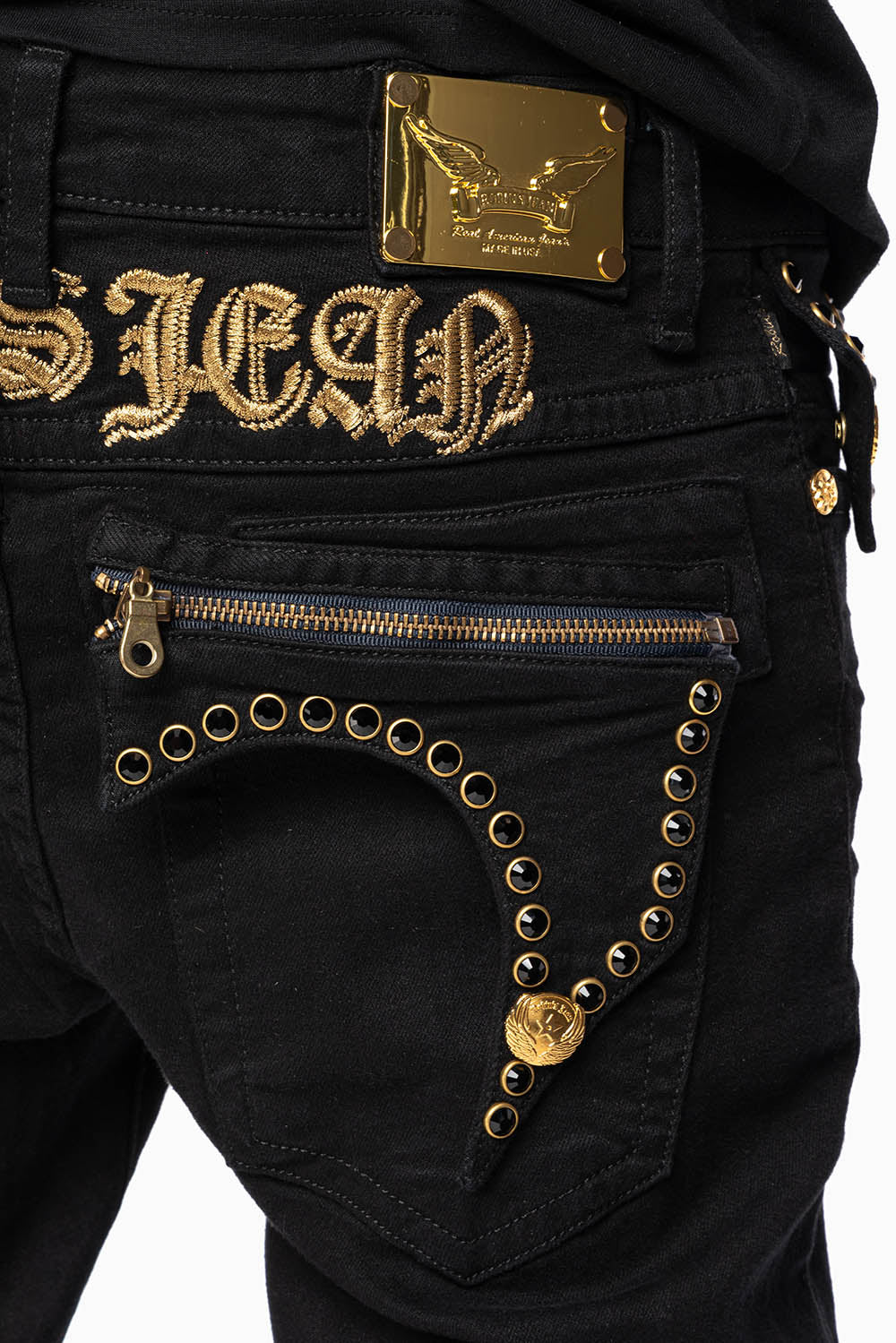 ZIPPER KILLER FLAP MENS JEANS IN F_ UP BLACK WITH X- LARGE CRYSTALS - Image 3