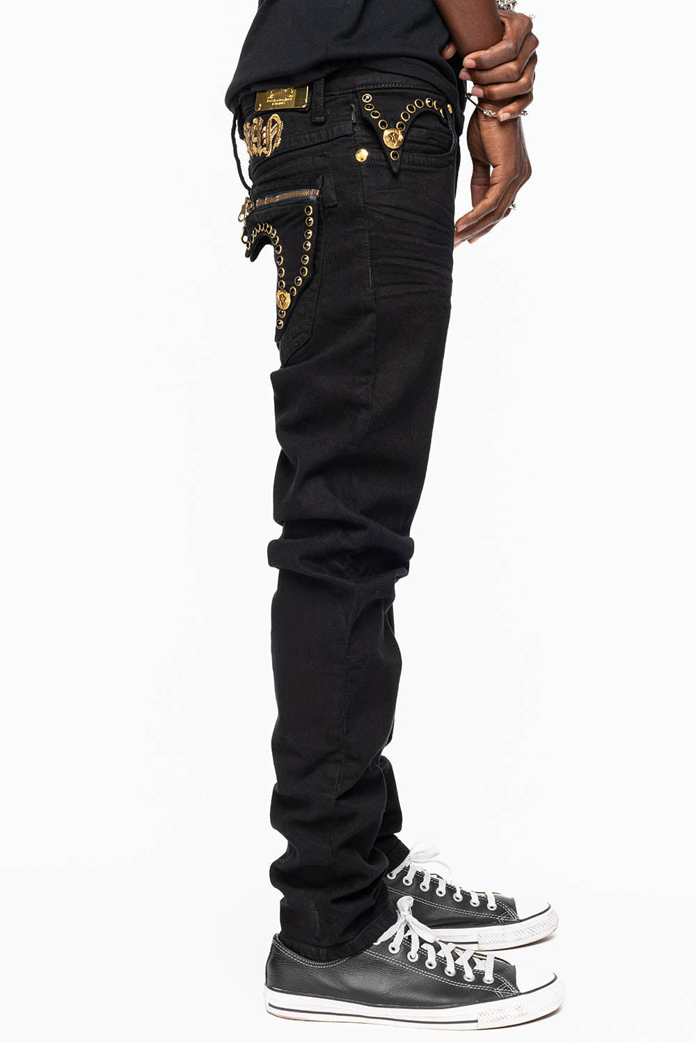 ZIPPER KILLER FLAP MENS JEANS IN F_ UP BLACK WITH X- LARGE CRYSTALS - Image 5